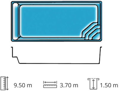 Piscine rectangulaire coque polyester de 9,5 x 3,7 m - Fond plat de 1,50m