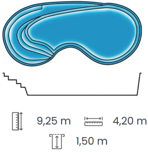 Dimensions de la coque : 9,20 x 4,20 m - Profondeur 1,50m, fond plat.
