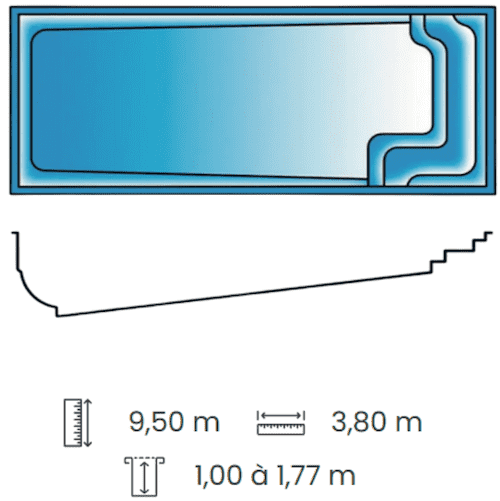 Piscine avec plage coque rectangulaire de 9,5m x 3,8m. Nouvelle version avec angles droits disponible !