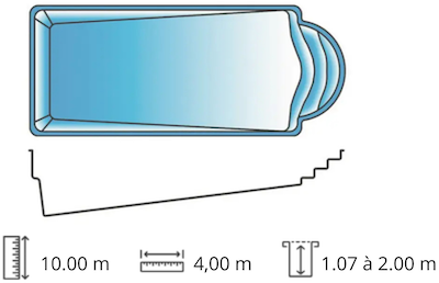Piscine coque polyester de 10x4m fond en pente de 1,07m à 2m