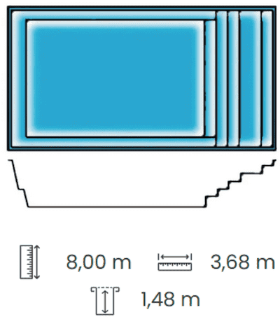 Piscine rectangulaire 8 x 3,70 m, profondeur de 1,48 m