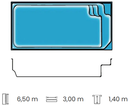 Piscine rectangulaire coque polyester de 6,50 m x 3,00 m fond plat 1,40m