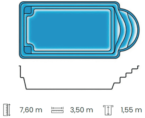 Piscine coque polyester : coque de 7,60 x 3,50 m        