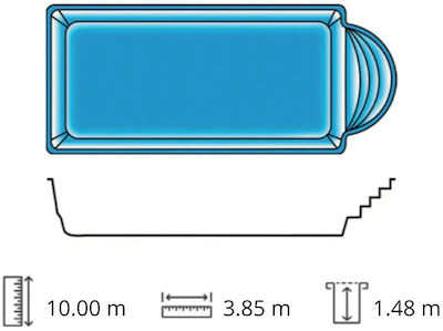 Piscine rectangulaire coque polyester de 10m x 3.85m et fond plat de 1,48m