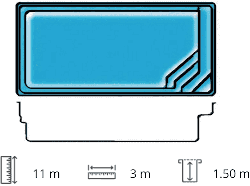 Dimensions. Couloir de nage de 11m de long. Piscine disponible en 8.50 x 3.60 m ou 8.00 x 3,60m.