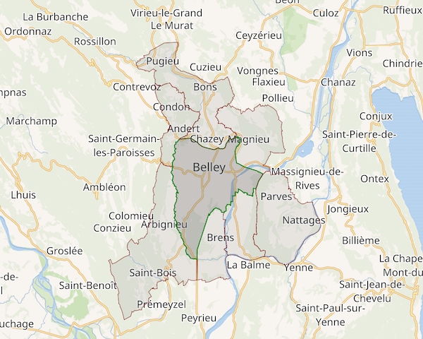 Limites communales entre Belley et ses communes adjacentes.