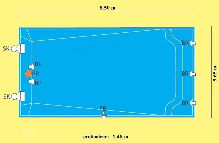 Piscine rectangulaire coque polyester  de 8,50m x 3,65m fond plat 1.48 m