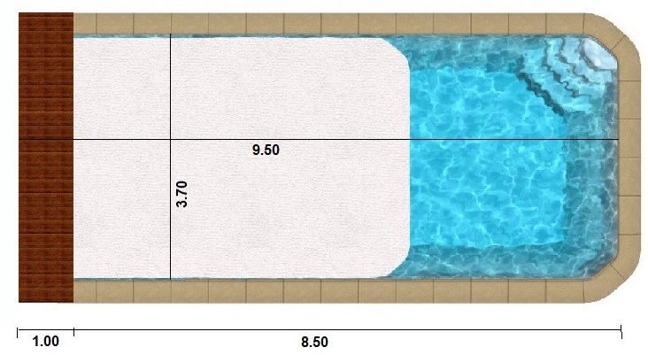 Une grande piscine coque polyester de 9,50 sur 3,70 m fond plat de 1,5 m