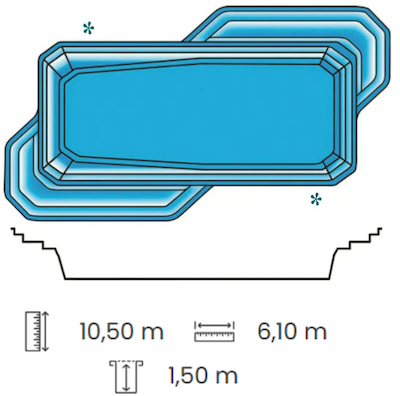 Piscine lagon avec plage immergée et escalier coque polyester de 10,50  x  6,10m.     