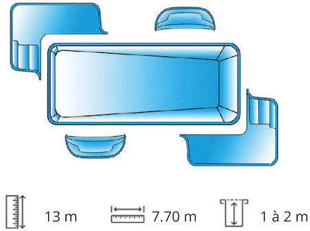 Piscine lagon avec 2 plages coque polyester de 13 x 7,20 m.