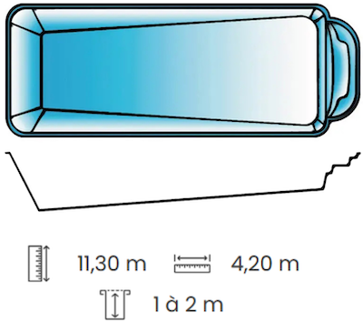 Piscine polyester coque de 11,30 x 4,20m à fond en pente