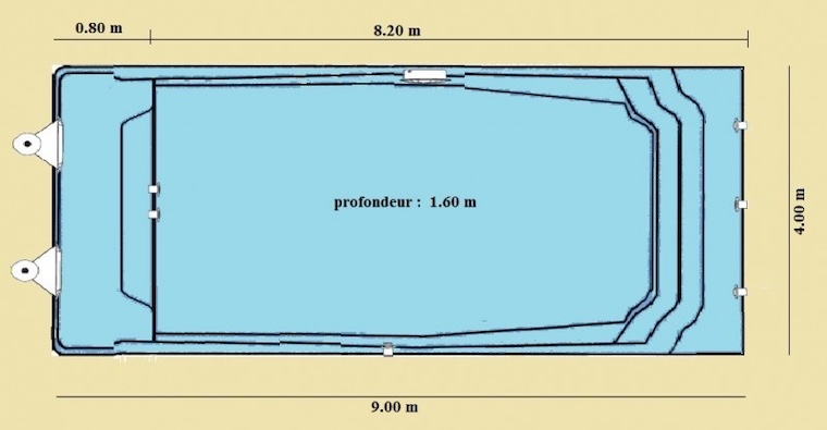Piscine rectangulaire coque polyester de 9x4 m à fond plat