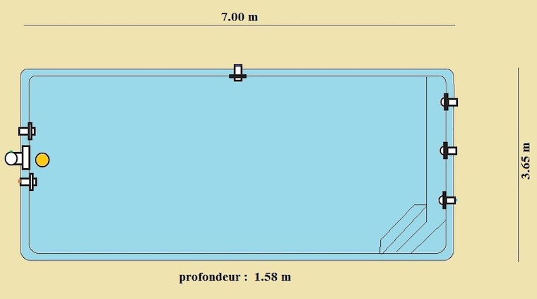 Piscine rectangulaire coque polyester  de 8,50m x 3,65m fond plat 1.48 m
