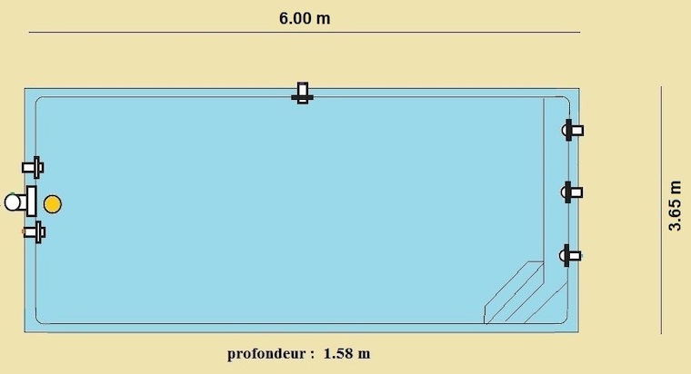 Piscine rectangulaire enterrée. Coque polyester 6m x 3,65 m