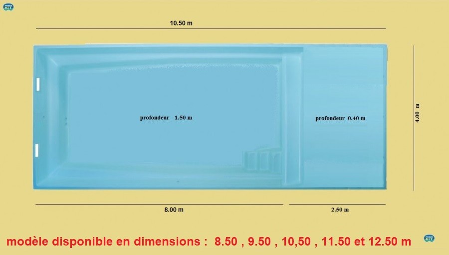 Schéma et dimensions de votre piscine coque polyester avec plage