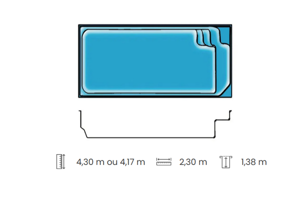 Schéma et dimensions de votre coque polyester de mini piscine Saint-Louis