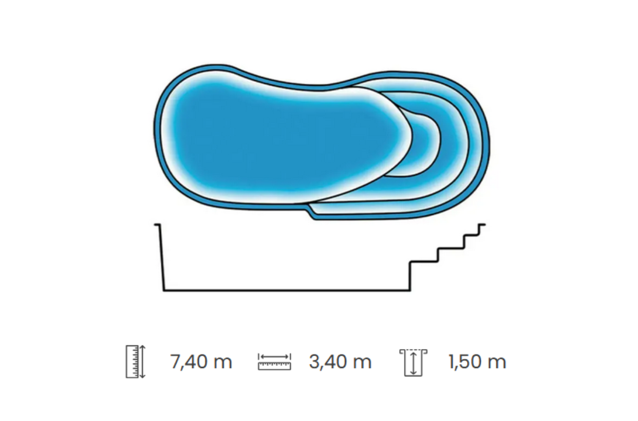 Schéma avec les dimensions de votre piscine Chypre coque polyester.