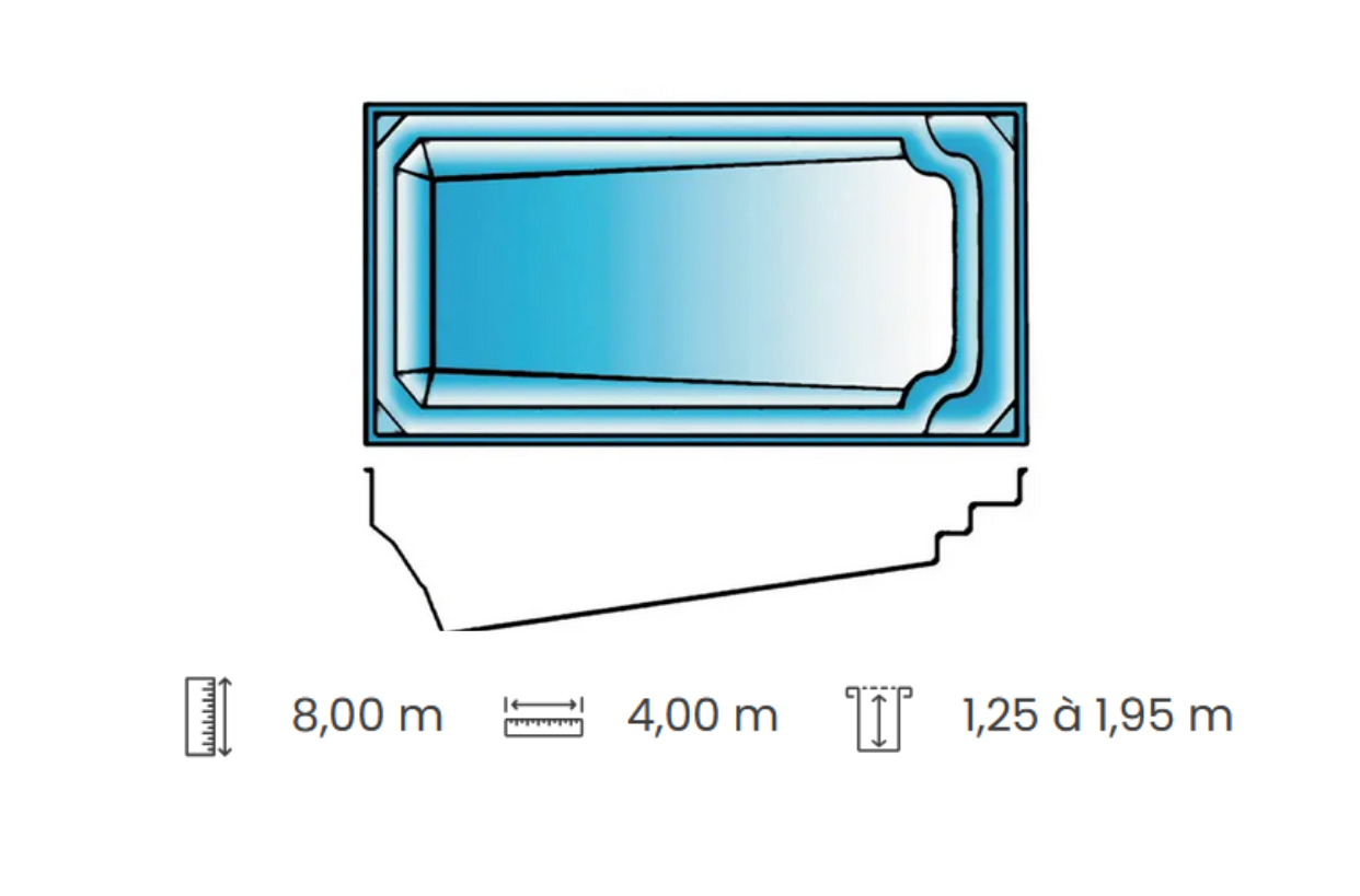 Piscine rectangulaire 8x4 avec escalier - Schéma