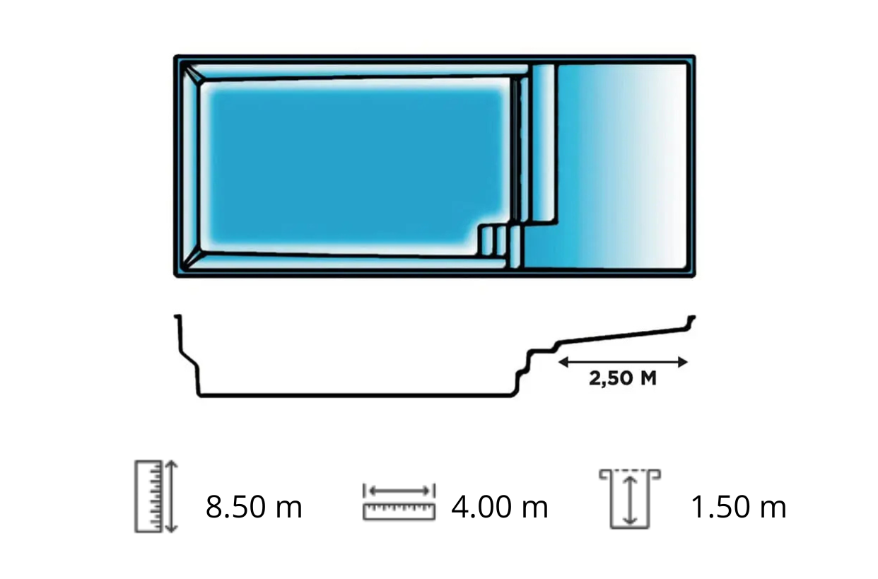 Schéma et dimensions de votre piscine coque polyester avec plage